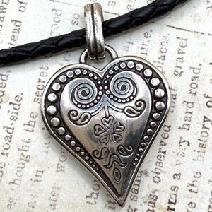 Brighton Classic Ornate Silver Puffy Heart Pendant Necklace Black Braided Chain